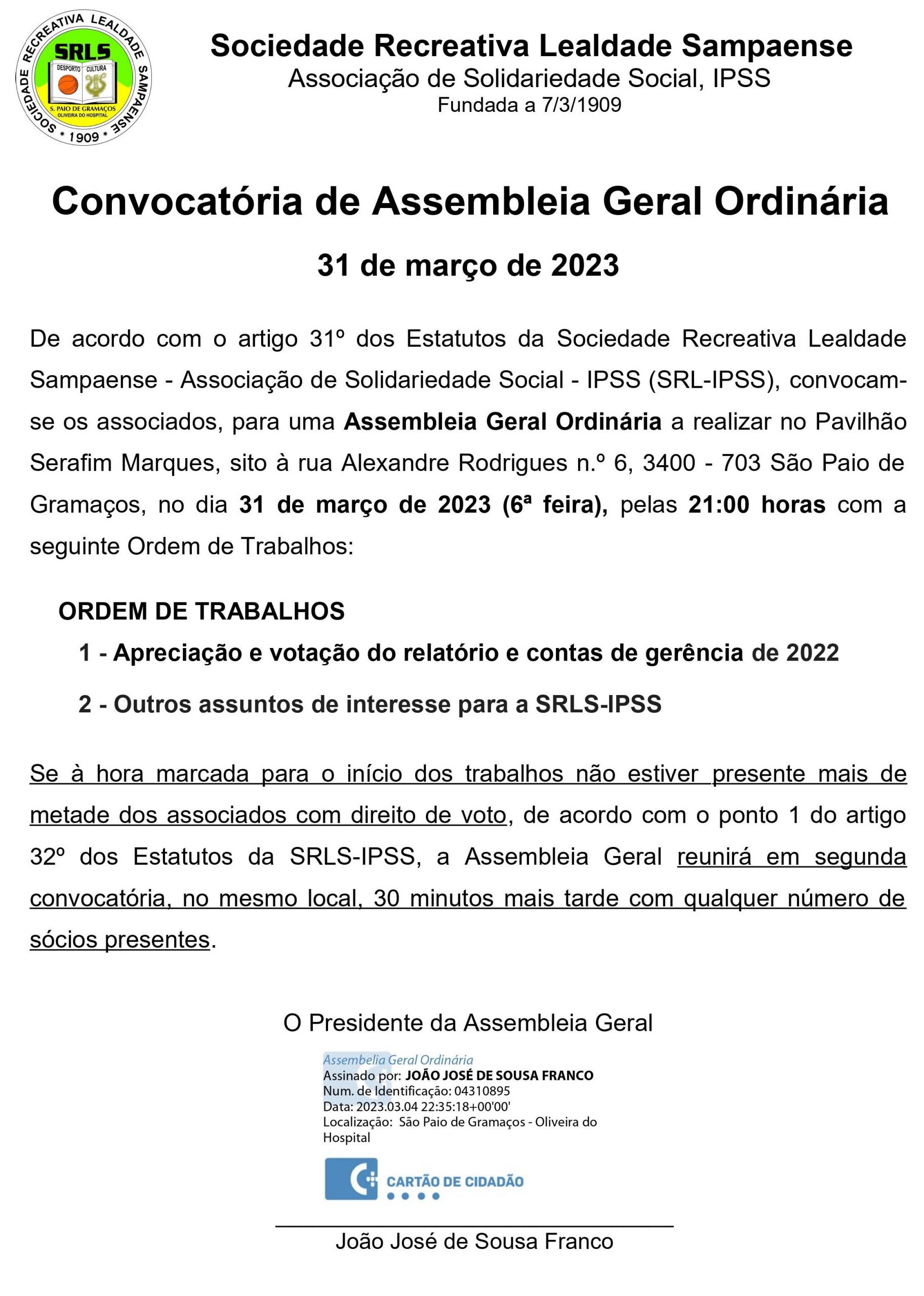 Assembleia Geral Ordinária – 31/03/2023
