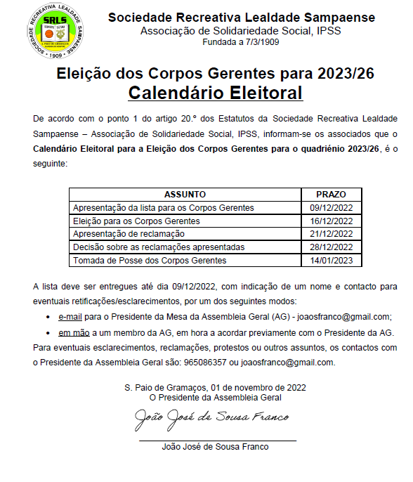 Calendário Eleitoral para Corpos Gerente 2023/26